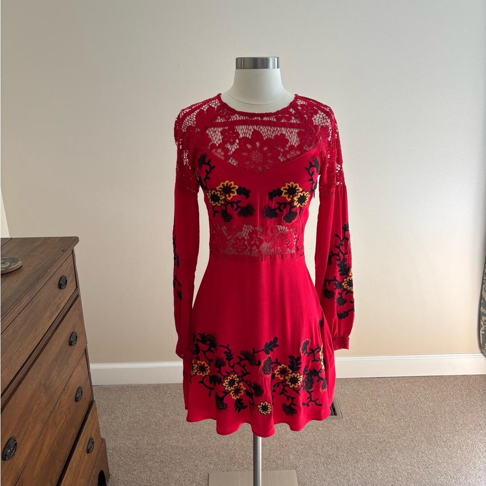 For Love And Lemons Red Floral Long Sleeve Dress